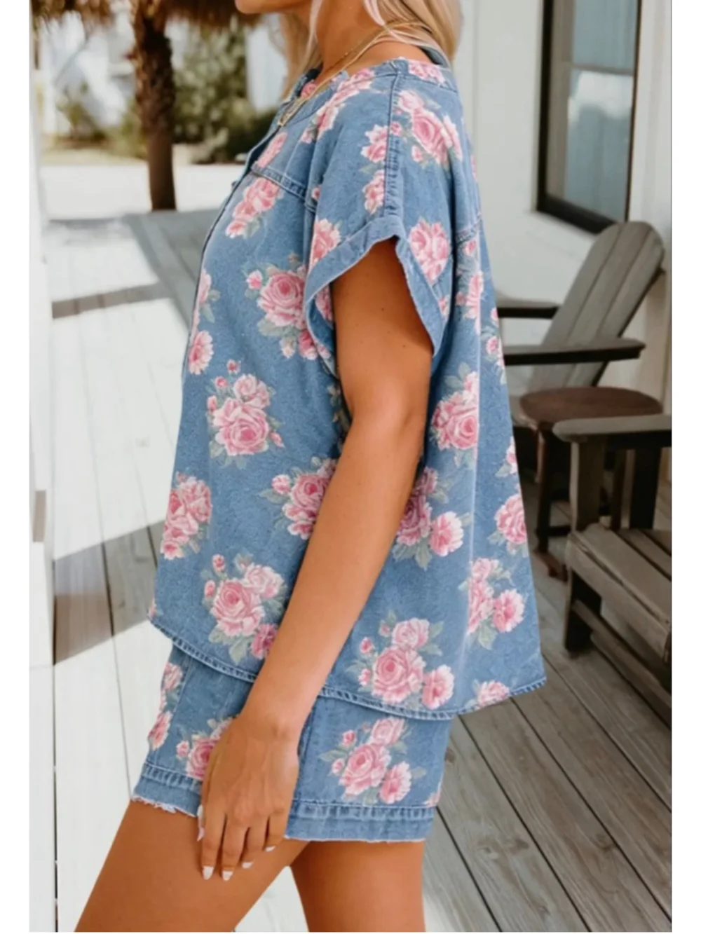 Floral Denim Lounge Set | Rose Print Tee & Shorts 2-Piece Matching Set S-XL